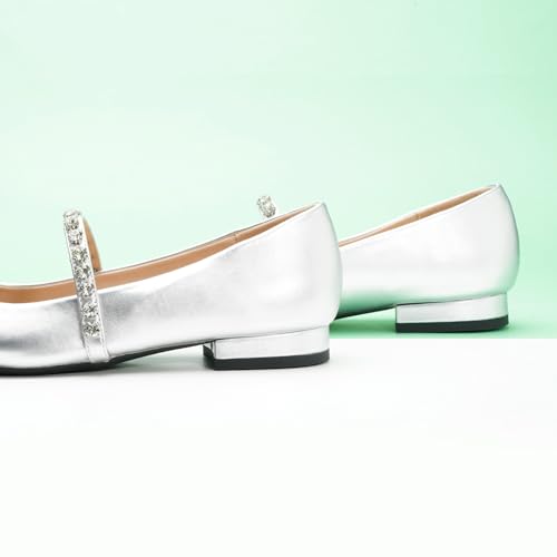 C.Paravano Crystal Strap Flats Pointed Toe Shoes Mary Jane Women's Flats for Dressy Office Causal (Size 8.5,Silver)3