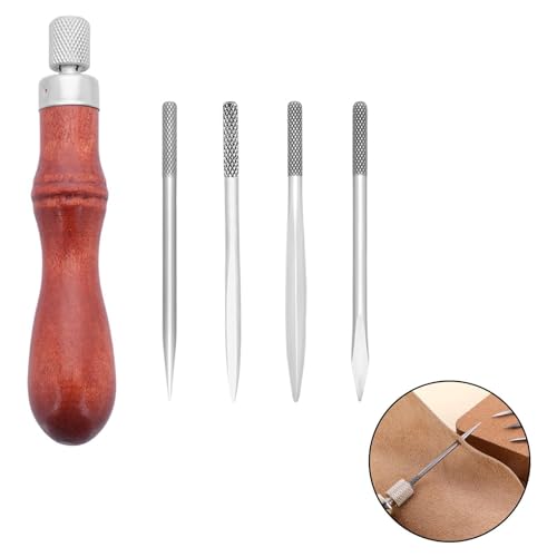 Badiman Furador de costura de couro pu, furador de costura manual, 4 cabeças de pinos intercambiávei