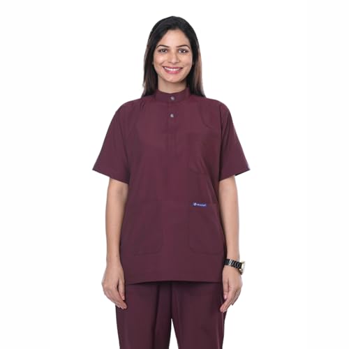 Image of Women 5-Pocket Scrub Suit | Set of Top & Pant | Half Sleeves | Mandarin Collar | Breathable Polyviscose Fabric | Comfortable | Durable | Uniform for Doctors Nurse & Dentist Wine L