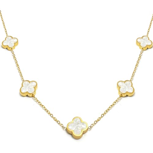 Aimtte Monette Four Leaf Clover Necklace 18K Gold Plated Necklaces for Women Lucky Flower Pendant Adjustable Link Chain Stainless Steel Dainty Trendy Simple Jewelry Gifts for Women White