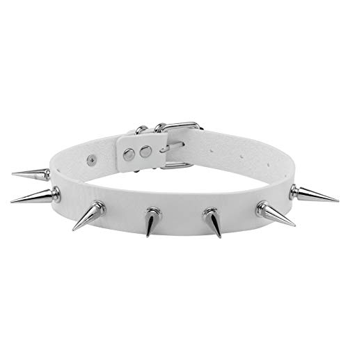MILAKOO Women Choker Gothic Rivet Spike Studded Punk Rock Biker Strap Leather Necklace Adjustable - White, Silver Spike