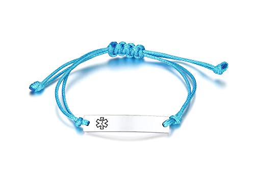 VNOX Custom Engraving Handmade Braided Rope Adjustable Medical Alert ID Bracelets for Women Girls,Blue