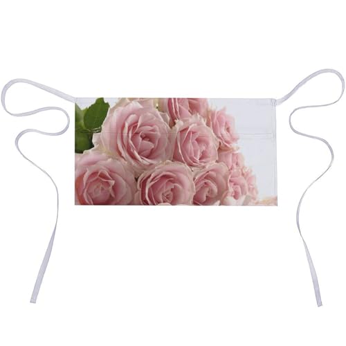 Tablier court imperméable à motif de roses roses en tissu Oxford avec 3 poches pour cuisine