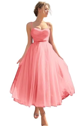 Image of A line Ruched Tulle Prom Dress Spaghetti Straps for Women, Tea Length Sweetheart Homecoming Dress Cocktail Dress