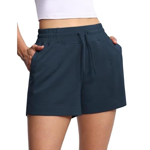 THE GYM PEOPLE Women's Drawstring Sweat Shorts High Waisted Summer Workout Lounge Shorts with Pockets Navy Blue Medium