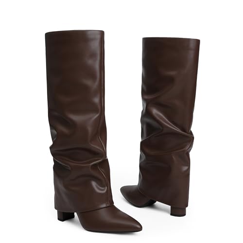 Image of Knee High Boots Women Fold Over Boots Chunky Heel Pointed Toe Tall Boots | Fashion Slouchy Boots,Side Zipper Shark Boots,Fall Spring Winter Fashion Dress Tall Boots,Evening Bridal office Long Boots