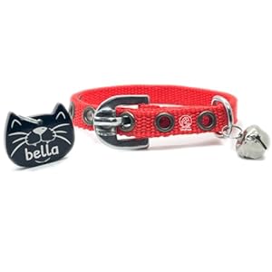 PAWPRO HANDMADE Cat Collar with Name Tag & Bell, Adjustable Buckle, Soft Neck Naylon Strap, Customisable Name & Kitten Icon ID Tag, Comfortable for Small to Big Cats (Red)