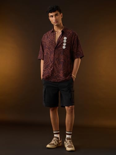 Image of The Souled Store Avatar: Elements Men and Boys Short Sleeves Collared Neck Button Front Brown Embroidered Rayon Oversized Shirts
