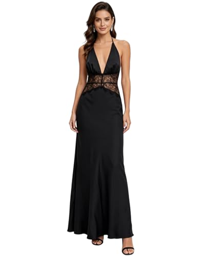 JUMISEE Women’s Elegant Sheer Lace Satin Maxi Dress Sexy Halter V Neck Backless Cocktail Dress Vacation Formal Dresses Black