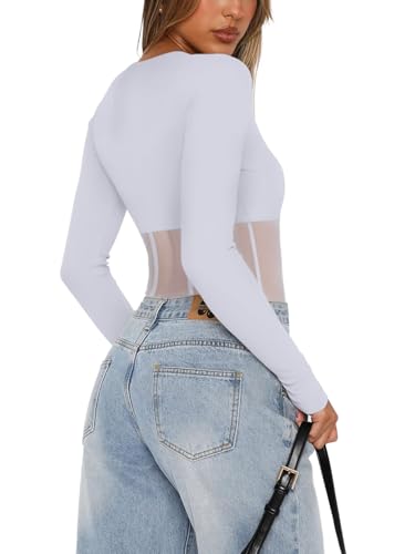 REORIA Women's Trendy Sexy Crew Neck Thumbholes Long Sleeve Sheer Mesh Going Out Bodysuit Tops3