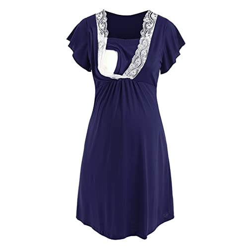 Vestido de Maternidad de Verano Camisón de Lactancia de Embarazo Camisón de Lactancia de Manga Corta Camisón de Hospital de Entrega Vestido de mamá, S-2XL (L, Navy Blue) Cover