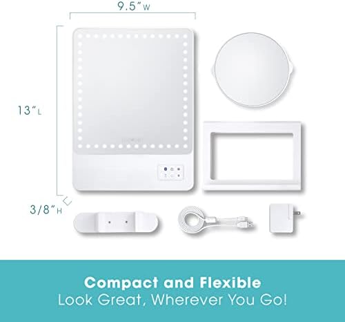 Glamcor Riki Skinny Smart Vanity Mirror with HD LEDs, Magnifying Mirror Attachment, Phone Holder and Bluetooth Control (White, 5X Magnification)