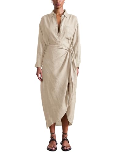 Yeokou Women Cotton Linen Wrap Shirt Maxi Dress Button Down Long Sleeve Lapel Asym Slit Hem Sundress2