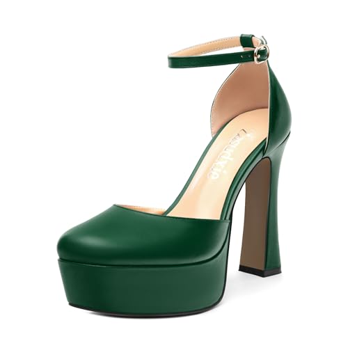 Womens Ankle Strap Platform High Heels Solid Matte Buckle Square Toe Chunky High Heel Pumps Wedding Evening Party Dress Shoes 4.7 Inch