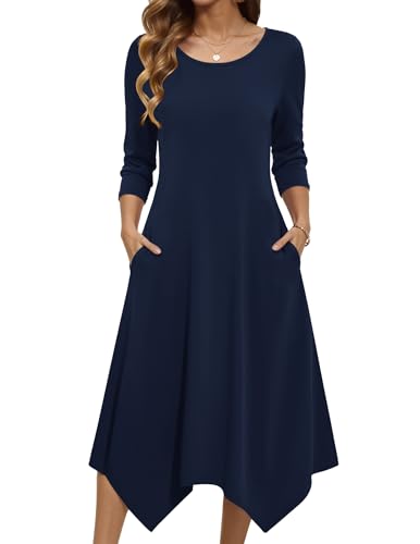 Robe midi à manches 3/4 chic robe décontractée avec poches vêtement trapèze femme