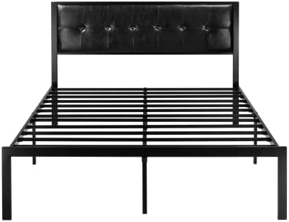 AEZOS Queen Metal Platform Bed Frame with Headboard & Footboard, Heavy Duty Steel Slats Support, Platform Mattress Base No Box Spring Needed, No Noise, Easy Assembly, Faux Leather, Black