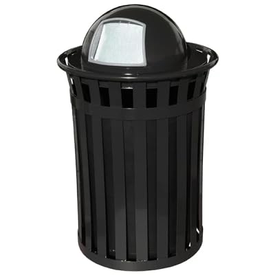 Oakmont Round 36 Gallon Commercial Trash Can | Steel Outdoor Industrial Trash Can with Swing Top | Great for Outdoor Public Spaces - Black