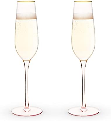 TWINE Rose Champagne Flutes, Gold Rimmed Pink Tinted Crystal Wine Glass Set, Stemmed Sparkling Wine Glasses, Set of 2, 8 Ounces