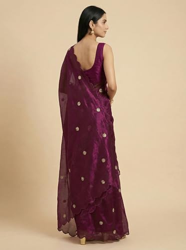 Image of Women's Pure Fandy Satin Sequin Embroidered work Saree with Dupion Unstitched Blouse Piece