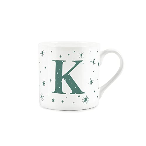 Purely Home Letter K Star Mug - Bone China White Coffee/Tea Present Gift - Alphabet Letter Mug with Stars in Teal Green Blue