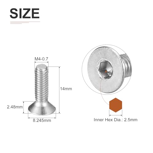 Image of DTGN M4-0.7 x 14mm Flat Head Socket Cap Screws, 100 Pack 304 Stainless Steel Hex Socket Flat Head Screws, Full Thread, Countersunk Bolts