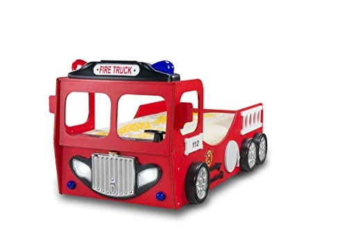 PLASTIKO | Lit pour Un garçon | Camion de Pompiers | pour Dormir | pour Le Plaisir | LED | Sécurité | Décoration de la Chambre | Matelas et Cadre Inclus | Capacité de Levage 100 kg