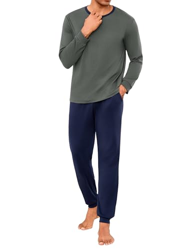 Marvmys Pijama Hombre Invierno Algodón Cuello Redondo Pijamas Manga Larga Conjunto Largo Camisa y Pantalones con Puños