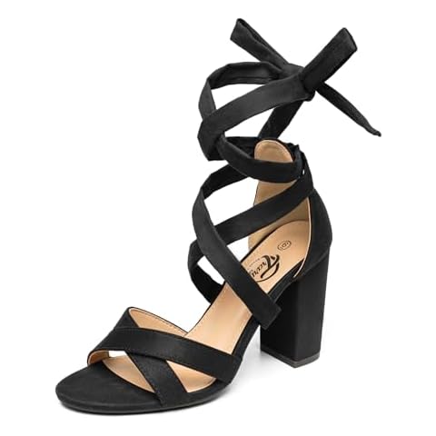 Trary Black Heels for Women, Black Strappy Heels, Women's Heels， Prom Shoes, Wrap Up Chunky Heels for Women, Black High Heels,Tie Up Heels,Lace Up Heeled Sandals Womens Platform Heels 08 Cover