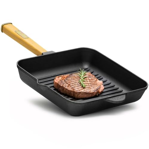 4BIG.fun Poêle à steak en fonte de 28 cm avec manche en bois pour barbecue à gaz, four, foyer,...