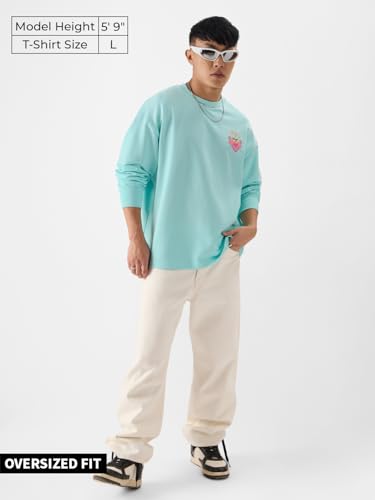 Image of The Souled Store Official Pink Panther: What is Life? Mens and Boys Oversize Fit Full Sleeves Graphic Printed Cotton Blue Color T-Shirt