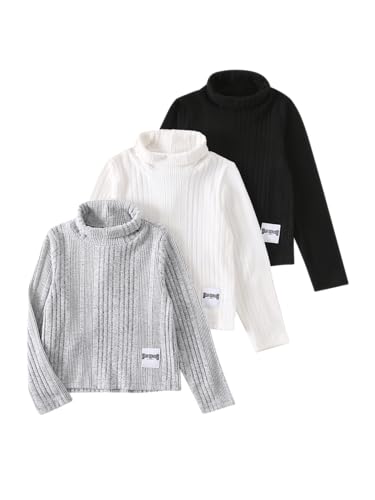 Fdqin Girls Turtleneck Ribbed Sweaters 3 Packs Casual Knitted Pullover Blouse Tee Fall Winter Clothes Black White Gray 13-14Years