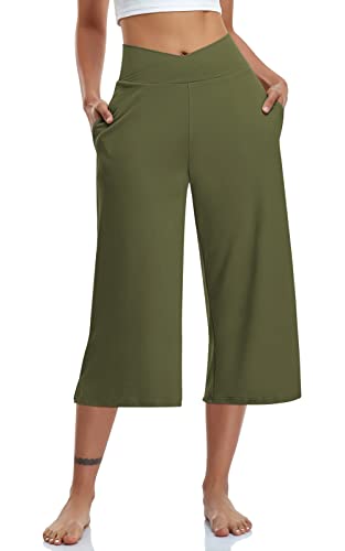 Image of TARSE Womens Casual Wide Leg Yoga Capris Crossover High Waist Capri Pants Loose Soft Pajama Pockets Sweatpants