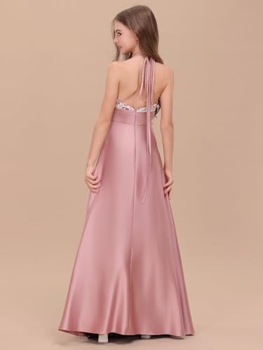 Lace Applique Junior Bridesmaid Dress for Wedding Kids Halter A-Line Flower Girl Dress Long Princess Pageant Prom Gown3