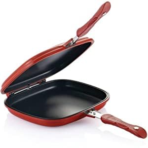 Scaroal Square Frying Pan, PFOA-Free Dishwasher Safe Nonstick Double Sided Multi Purpose Pan with Strong Magnetic Handles, Silicone Gasket, Standard (Red)