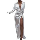 LADIGASU Women Summer Lapel Shirt Long Sleeve Dress V Neck Sexy High Slit Long Maxi Dresses