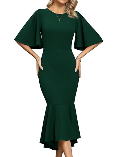 Missufe Damen Abendkleid Cocktail Festlich Meerjungfrau Bodycon Rundhalsausschnitt Ausgestelltes Kurzarm Figurbetont Midi Ballkleid (Dunkelgrün,...