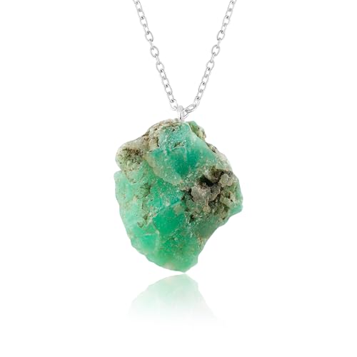 GEMSYMPHONY Raw Chrysophase Gemstone Necklace – Natural 15–25mm Crystal Pendant with Silver Plated Chain – Handmade Boho Jewelry for Women – Healing Stone Gift – Adjustable Necklace (Chrysoprase)