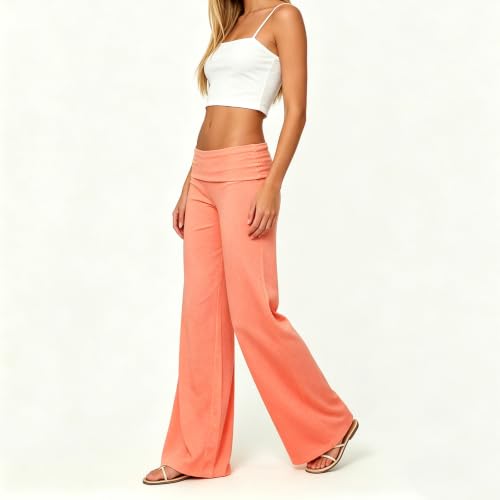Image of Lounge Yoga Pants for Women Fold Over Low Waist Wide Leg Bell Bottoms