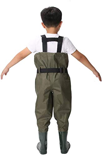 Ouzong Chest Waders for Kids, Lightweight Cleated Nylon and PVC Fishing Bootfoot Chest Waders for Boy and Girl with Boot Hanger, Army Green Waterproof Chest Waders for Children (Green, 2/3)