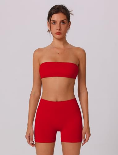 ABOCIW Workout Sets for Women Backless Bandeau Sports Bra Seamless Scunch Butt Lifting High Waist Biker Shorts Gym Set2