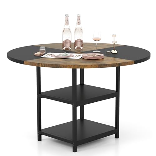 TANGZON 120cm Round Dining Table for 4-6 People, Large Kitchen Table with Storage Shelves & Metal Legs, Circular Breakfast Furniture for Home Dining Living Room (Splice Boards Top, Rustic Brown+Black)