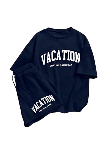Image of Verdusa Girl's Tracksuit Sets 2 Piece Outfits Letter Print Vacation Tee Top and Drawstring Waist Shorts