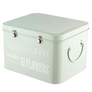 Seed Storage Tin, Garden Gift, 4 Compartments, Carry Handles and Clips to Keep Contents Safe. Light Green