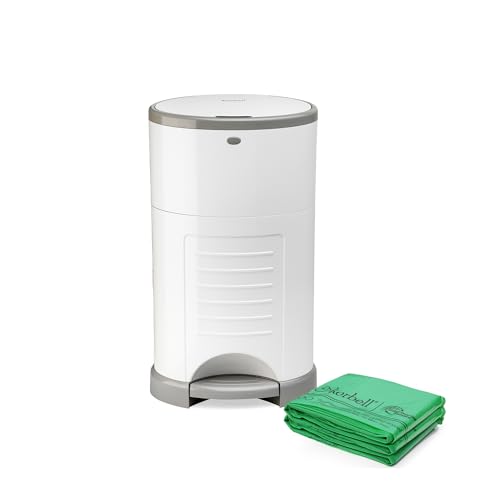 Korbell Classic Nappy Bin & Disposable Liner Bundle Lasting Up to 10 months | 44 weeks Hygienic, Odour Free & Hands Free | Includes 4 Packs of Biodegradable Liners | Pure White