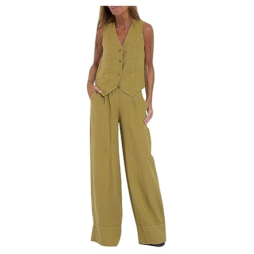 Generic All Orders Placed By Me In 2024 Womens Summer 2 Piece Outfits V Neck Button Sleeveless Vest Wide Leg Pant Linen Set Business Casual Dressy Lounge Sets Trajes De 2 Piezas, X-Large, A01_green
