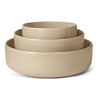 Amazon Basics Glasierte Steinzeug-Servierschalen, 3-Teiliges Set, Spülmaschinenfest, Leinengrau