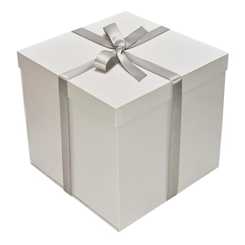 Tekhoho Caja Regalo Blanca 28x28x26,5cm, Cajas de Regalo Premium con Tapa y Cinta para Regalos de San Valentín, Navidad, Bodas, Cumpleaños, Embalaje de Regalo, Forro a Cuadros