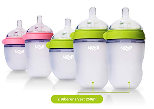 Noor Biberons en Silicone Naturel Vert, 250ml, de 0 Mois à 18 Mois +, Pack de 2