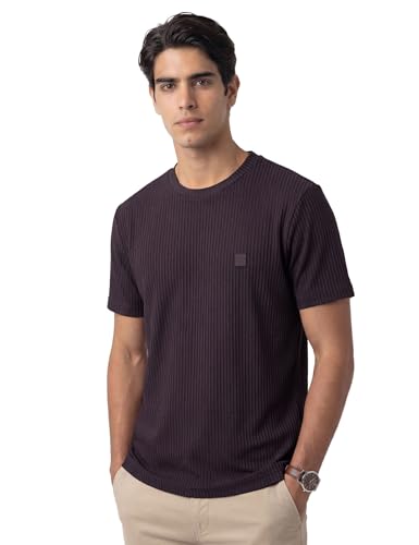 Image of DAMENSCH Men's Striped Texture, Cotton-Rich Comfort, Regular Fit, Solid Colours Striped T-Shirts