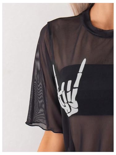 WDIRARA Women's Skeleton Sheer Mesh See Through Short Sleeve Swimsuit Cover Up Tops4